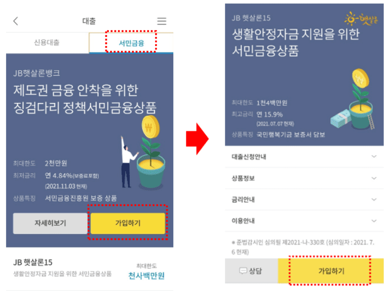 햇살론15 대출 신청 방법