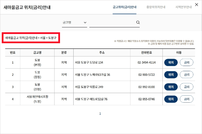 새마을금고 지점 전화